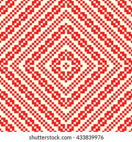 Seamless pattern with symmetric geometric ornament. Red rhombuses, squares and curves abstract background. Ornament picture wallpaper. Vector illustration