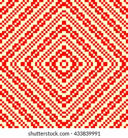 Seamless pattern with symmetric geometric ornament. Red rhombuses, squares and curves abstract background. Ornament picture wallpaper. Vector illustration