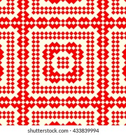 Seamless pattern with symmetric geometric ornament. Red rhombuses, squares and curves abstract background. Ornament picture wallpaper. Vector illustration