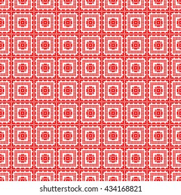 Seamless pattern with symmetric geometric ornament. Red rhombuses, squares and curves abstract background. Ornament picture wallpaper. Vector illustration