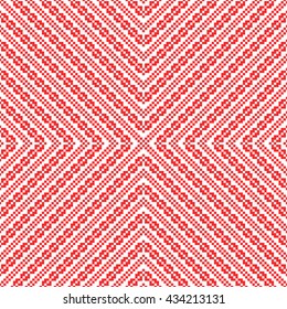 Seamless pattern with symmetric geometric ornament. Red rhombuses, squares and curves abstract background. Ornament picture wallpaper. Vector illustration