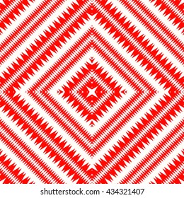Seamless pattern with symmetric geometric ornament. Red curves with fine cuts abstract background. Ornament picture wallpaper. Vector illustration
