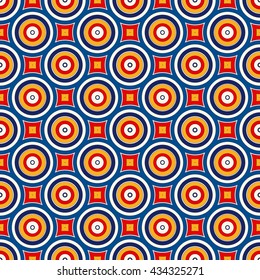 Seamless pattern with symmetric geometric ornament. Abstract background with colorful round vortexes. Vector illustration