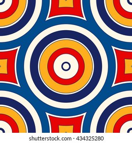 Seamless pattern with symmetric geometric ornament. Abstract background with colorful round vortexes. Vector illustration