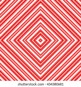 Seamless pattern with symmetric geometric ornament. Red curves with fine cuts abstract background. Ornament picture wallpaper. Vector illustration