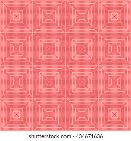Seamless pattern with symmetric geometric ornament. Red rhombuses, squares and curves abstract background. Ornamental picture wallpaper. Vector illustration 