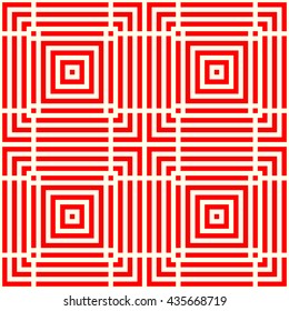 Seamless pattern with symmetric geometric ornament. Striped red abstract background. Repeated stylized squares wallpaper. Vector illustration