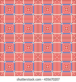 Seamless pattern with symmetric geometric ornament. Striped colored abstract background. Repeated stylized squares wallpaper. Vector illustration