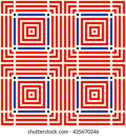 Seamless pattern with symmetric geometric ornament. Striped colored abstract background. Repeated stylized squares wallpaper. Vector illustration
