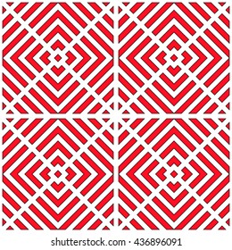 Seamless pattern with symmetric geometric ornament. Striped red abstract background. 