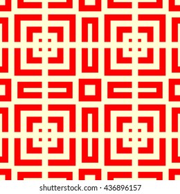 Seamless pattern with symmetric geometric ornament. Striped red abstract background. 