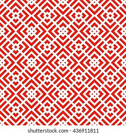 Seamless pattern with symmetric geometric ornament. Striped red abstract background. 
