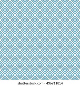Seamless pattern with symmetric geometric ornament. Striped blue abstract background. 