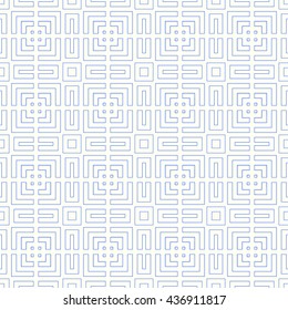 Seamless pattern with symmetric geometric ornament. Striped blue
 abstract background. 