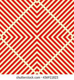 Seamless pattern with symmetric geometric ornament. Striped red abstract background.