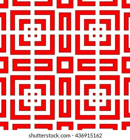 Seamless pattern with symmetric geometric ornament. Striped red abstract background. 