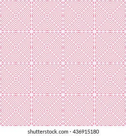 Seamless pattern with symmetric geometric ornament. Striped red abstract background. 