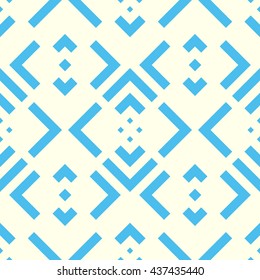 Seamless pattern with symmetric geometric ornament. Striped blue abstract background. Repeated stylized squares wallpaper. Vector illustration