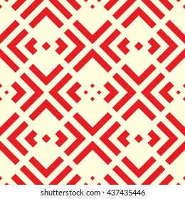 Seamless pattern with symmetric geometric ornament. Striped red abstract background. Repeated stylized squares wallpaper. Vector illustration