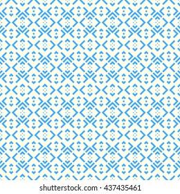 Seamless pattern with symmetric geometric ornament. Striped blue abstract background. Repeated stylized squares wallpaper. Vector illustration