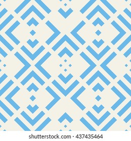 Seamless pattern with symmetric geometric ornament. Striped blue abstract background. Repeated stylized squares wallpaper. Vector illustration