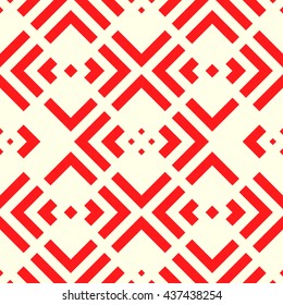 Seamless pattern with symmetric geometric ornament. Striped red abstract background. Repeated stylized squares wallpaper. Vector illustration
