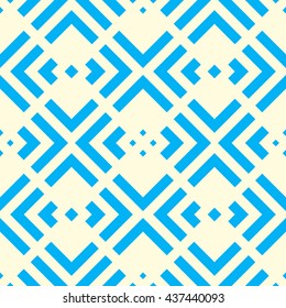 Seamless pattern with symmetric geometric ornament. Striped blue abstract background. Repeated stylized squares wallpaper. Vector illustration