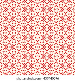 Seamless pattern with symmetric geometric ornament. Striped red abstract background. Repeated stylized squares wallpaper. Vector illustration