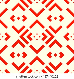 Seamless pattern with symmetric geometric ornament. Striped red abstract background. Repeated stylized squares wallpaper. Vector illustration