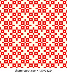 Seamless pattern with symmetric geometric ornament. Red squares abstract background. Repeated blocks wallpaper. Vector illustration