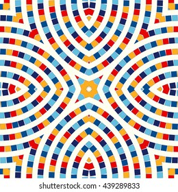 Patrón sin problemas con adorno geométrico simétrico. Fondo brillante de cristal abstracto. Papel pintado étnico. Ilustración del vector