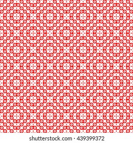 Seamless pattern with symmetric geometric ornament. Red abstract background. Repeated circles wallpaper. Vector illustration