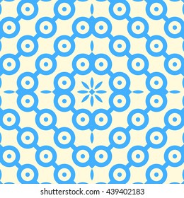 Seamless pattern with symmetric geometric ornament. Blue abstract background. Repeated circles wallpaper. Vector illustration