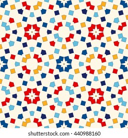 Seamless pattern with symmetric geometric ornament. Abstract repeated bright squares and rhombuses background. Ethnic mosaic, stained glass wallpaper. Vector illustration