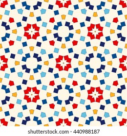 Seamless pattern with symmetric geometric ornament. Abstract repeated bright squares and rhombuses background. Ethnic mosaic, stained glass wallpaper. Vector illustration