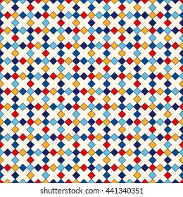 Seamless pattern with symmetric geometric ornament. Abstract repeated bright squares and rhombuses background. Ethnic mosaic, stained glass wallpaper. Vector illustration