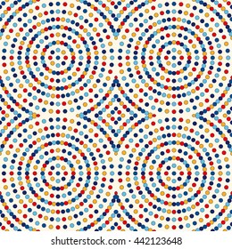 Seamless pattern with symmetric geometric ornament. Abstract repeated circles background. Ethnic wallpaper. Vector illustration