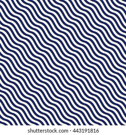 Seamless pattern with symmetric geometric ornament. Nautical blue striped abstract repeated wallpaper. Wavy navy digital paper for scrapbook, textile print, page fill. Vector illustration
