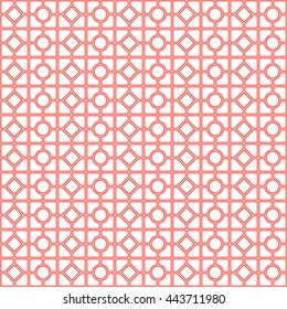 Seamless pattern with symmetric geometric ornament. Abstract repeated circles, rhombuses and blocks background. Grill wallpaper. Vector illustration