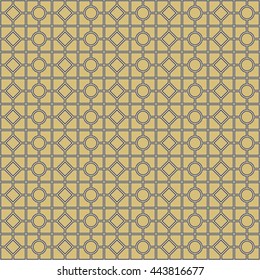 Seamless pattern with symmetric geometric ornament. Abstract repeated circles, rhombuses and blocks background. Grill wallpaper. Vector illustration