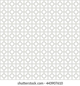 Seamless pattern with symmetric geometric ornament. Abstract repeated circles, rhombuses and blocks background. Grill wallpaper. Vector illustration