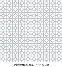 Seamless pattern with symmetric geometric ornament. Abstract repeated circles, rhombuses and blocks background. Grill wallpaper. Vector illustration