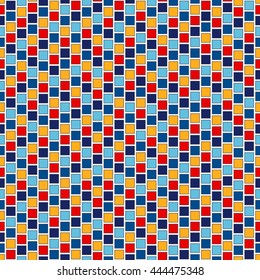 Seamless pattern with symmetric geometric ornament. Abstract repeated bright squares background. Ethnic mosaic, stained glass wallpaper. Vector illustration
