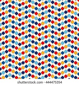 Seamless pattern with symmetric geometric ornament. Abstract repeated bright squares and rhombuses background. Ethnic mosaic, stained glass wallpaper. Vector illustration