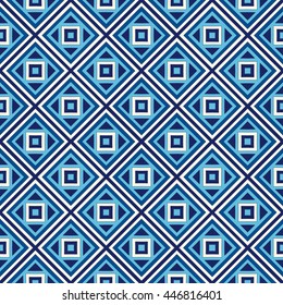 Seamless pattern with symmetric geometric ornament. Blue abstract background. Repeated squares and rhombuses ornamental wallpaper. Vector illustration