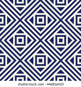 Seamless pattern with symmetric geometric ornament. Nautical blue abstract background. Navy color repeated squares and rhombuses ornamental wallpaper. Vector illustration
