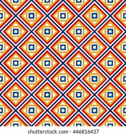 Seamless pattern with symmetric geometric ornament. Bright abstract background. Repeated squares and rhombuses ornamental wallpaper. Vector illustration