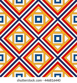 Seamless pattern with symmetric geometric ornament. Bright abstract background. Repeated squares and rhombuses ornamental wallpaper. Vector illustration