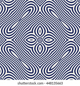 Seamless pattern with symmetric geometric ornament. Navy color abstract background. Vector illustration