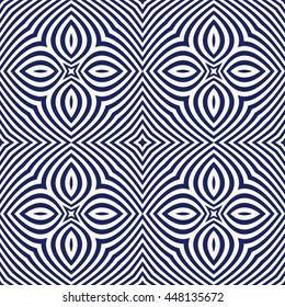 Seamless pattern with symmetric geometric ornament. Navy color abstract background. Vector illustration